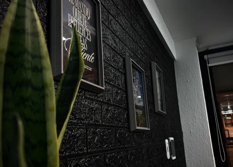 Pared de ladrillo negro con cuadros y una planta en Bless Faded